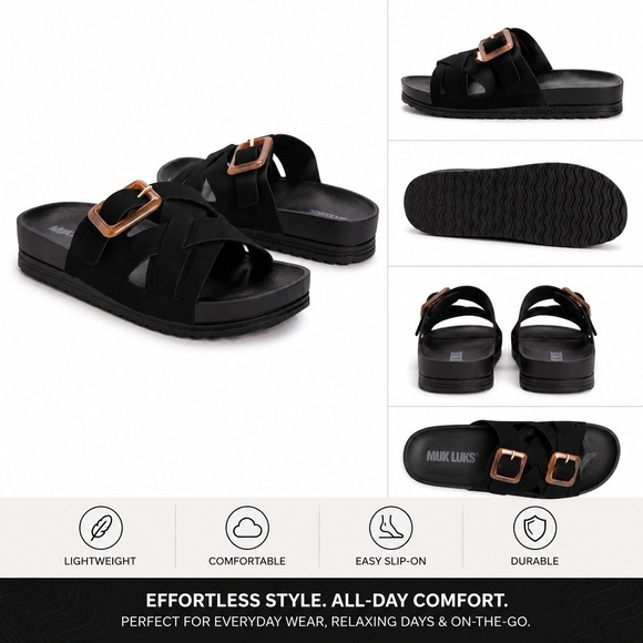 Muk Luks Shoes - Women's Grand Shayna Sandals - Black Slip-On Casual Sandals Size 8